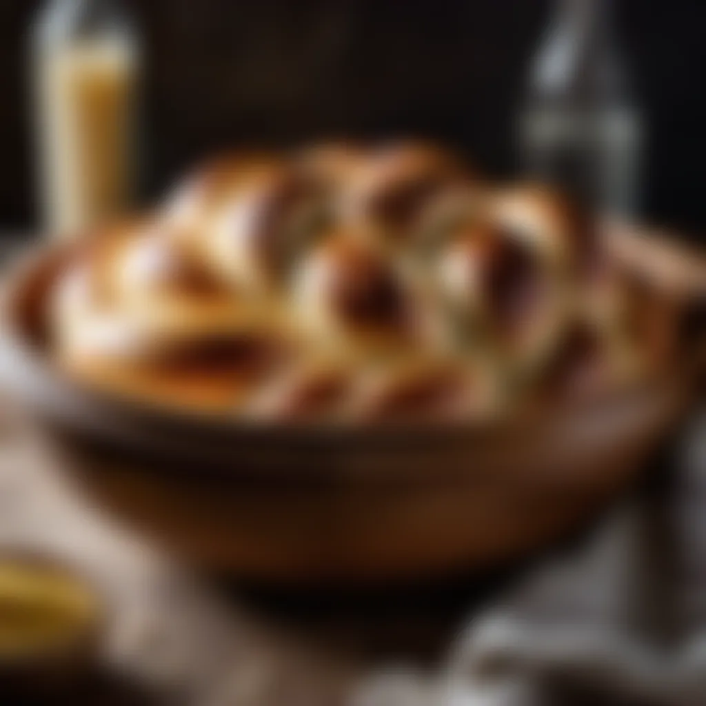 Challah dough rising in a wooden bowl