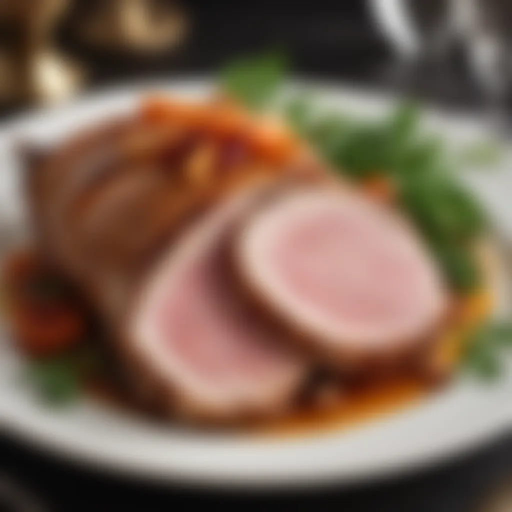 Roast pork plated elegantly with garnishes in a fine dining setting