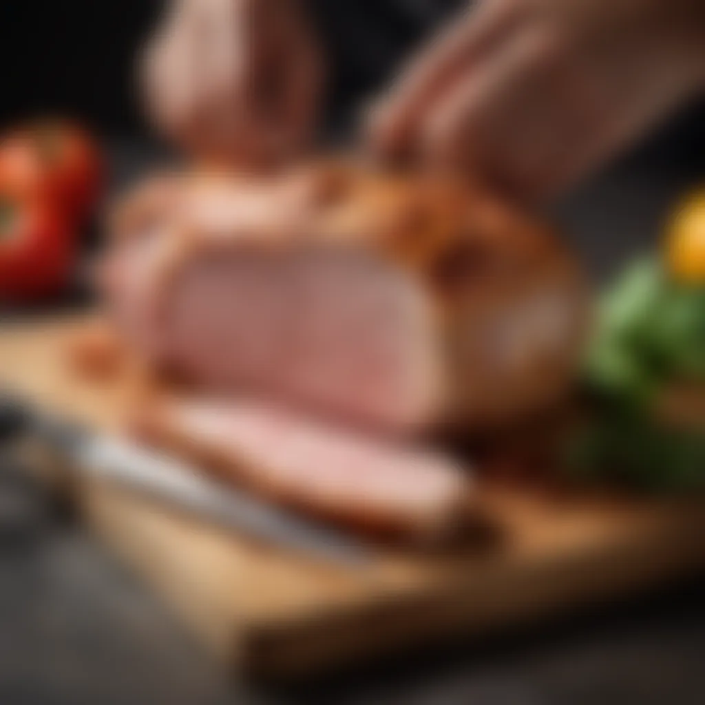 Roast pork being sliced into juicy, tender pieces on a sleek cutting board