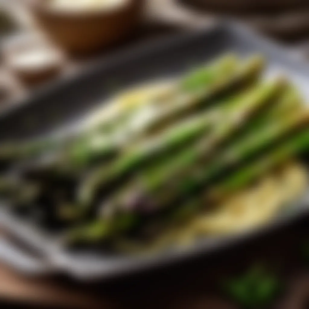 Close-up of a dish with roasted asparagus and Parmesan cheese