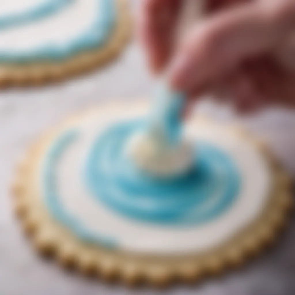 Royal icing being piped onto a sugar cookie