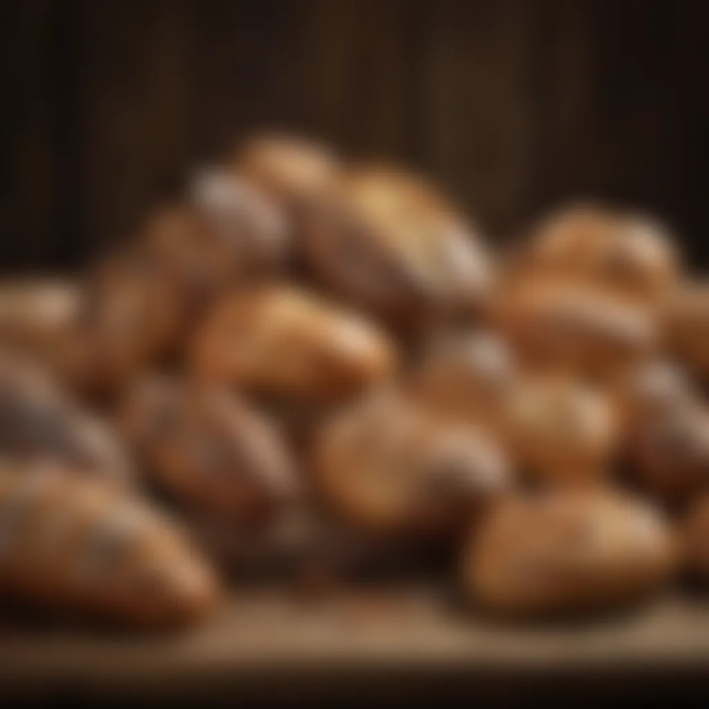 A rustic wooden table adorned with an array of artisanal bread loaves