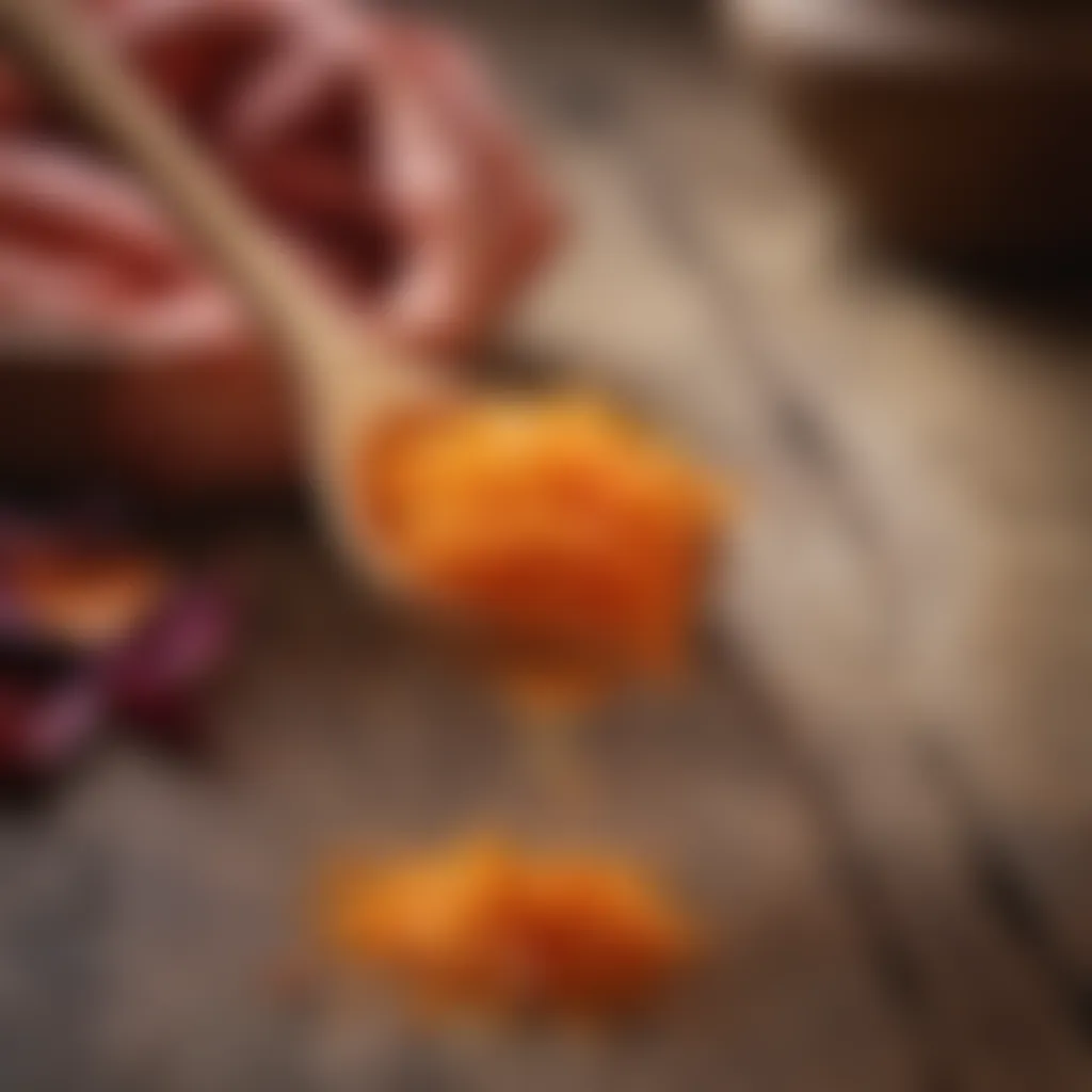 Exotic saffron strands in a wooden spoon