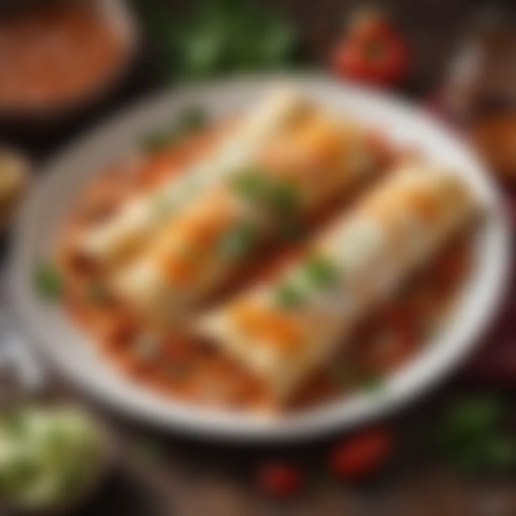 A plated dish of enchiladas generously smothered in salsa roja, garnished with cilantro and cheese.