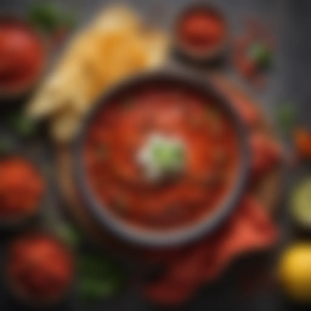 A bowl of vibrant salsa roja, showcasing its rich red hue and texture, surrounded by fresh ingredients.