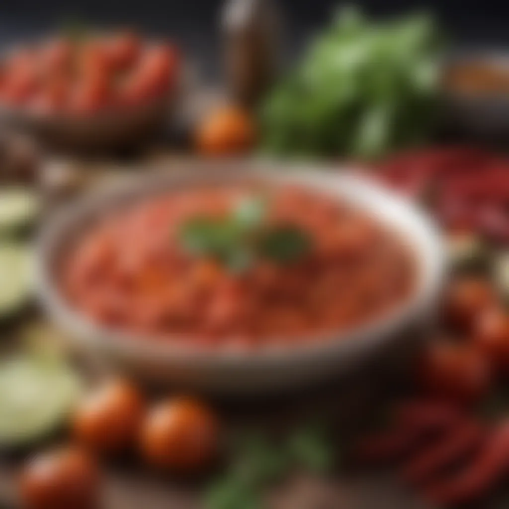 Selection of fresh ingredients such as tomatoes, chilies, and spices used in making salsa roja.