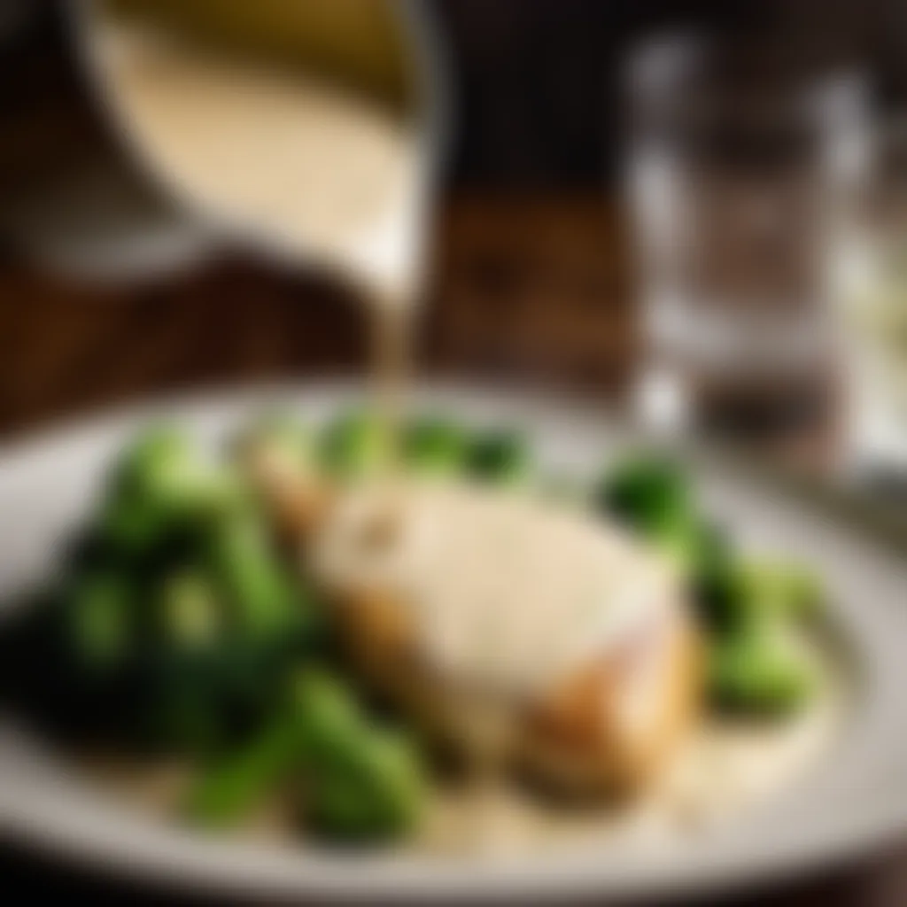 Creamy sauce being poured over chicken and broccoli