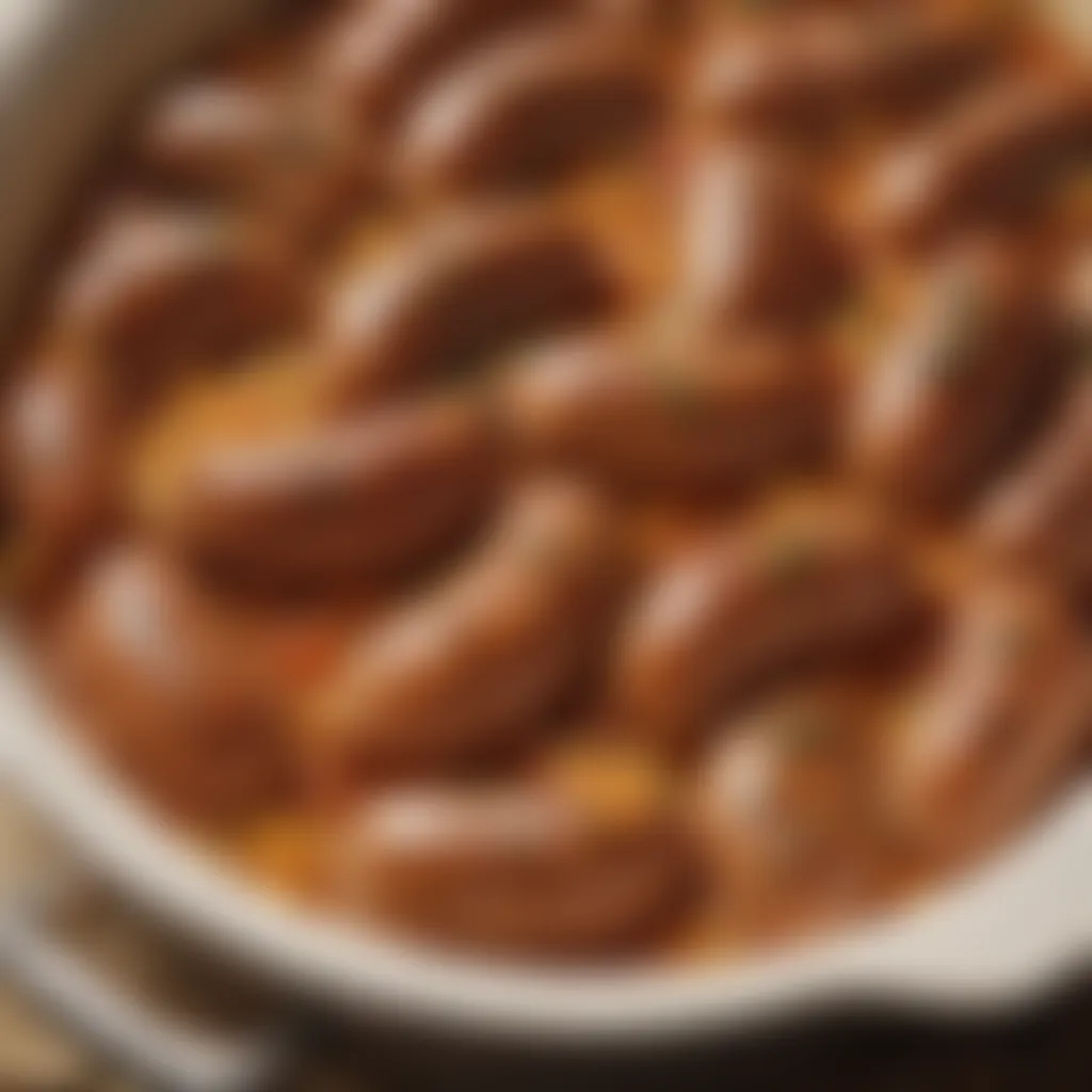 Close-up of golden brown sausage slices on top of the casserole