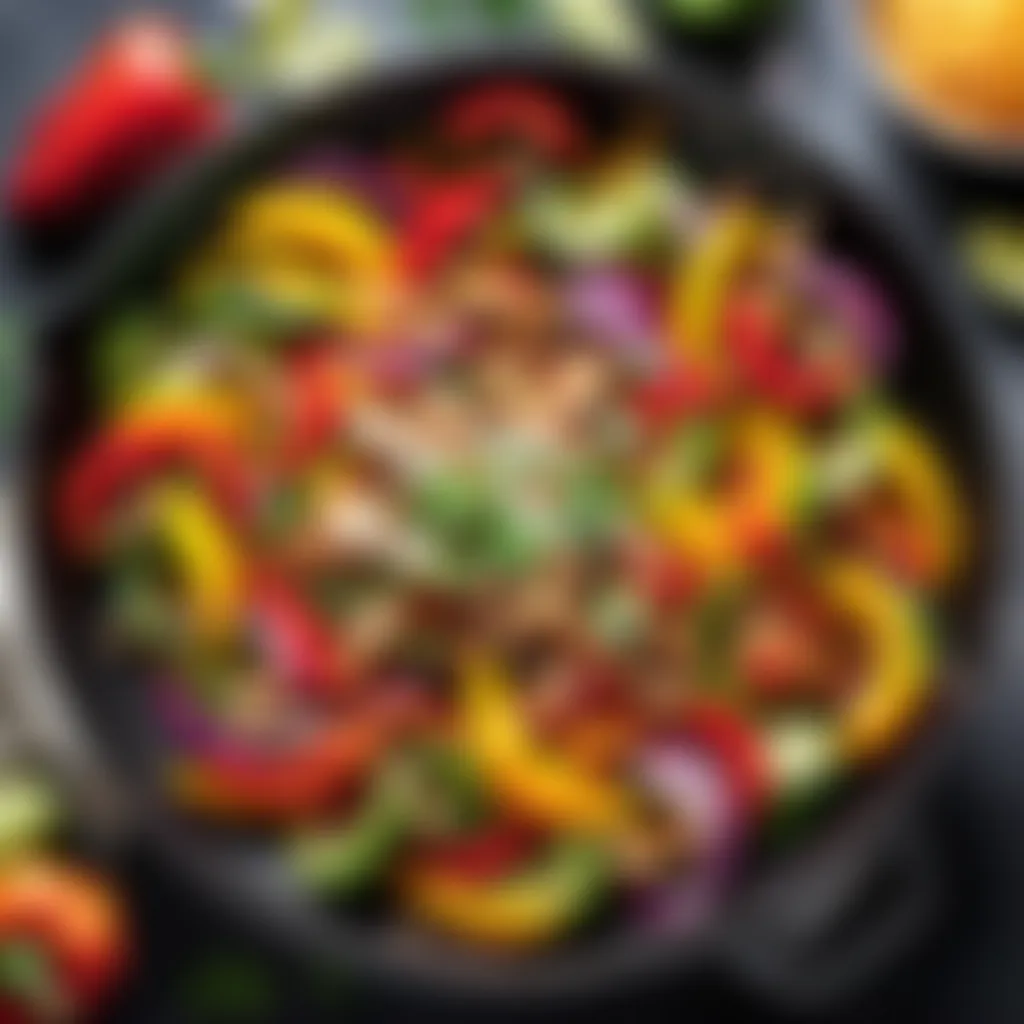 Skillet filled with sautéed colorful bell peppers and onions for fajitas