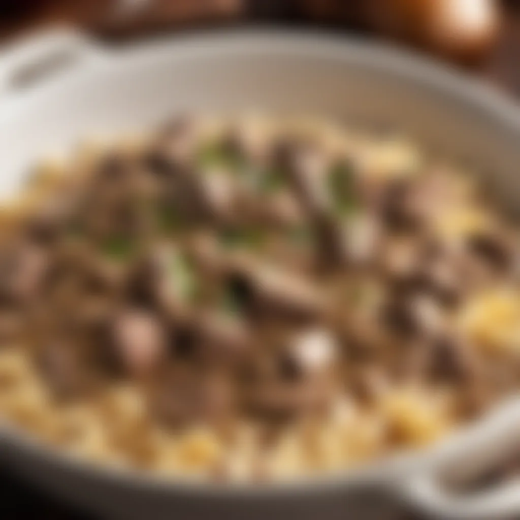 Savory beef stroganoff simmering in crock-pot