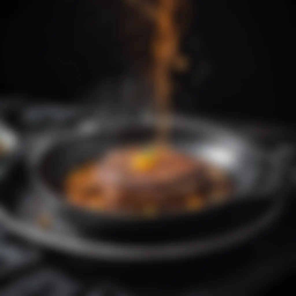 Food being seared in a hot pan