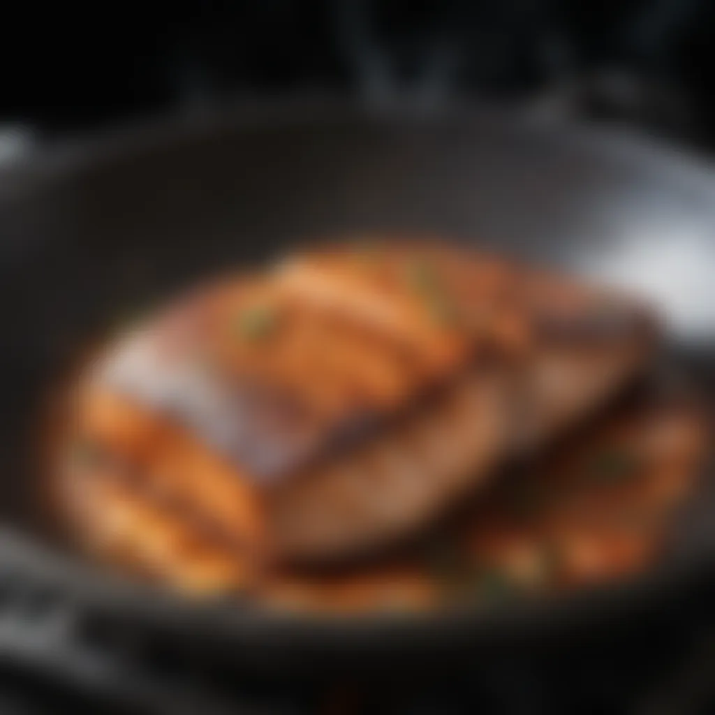 Searing fish fillet in a sizzling pan