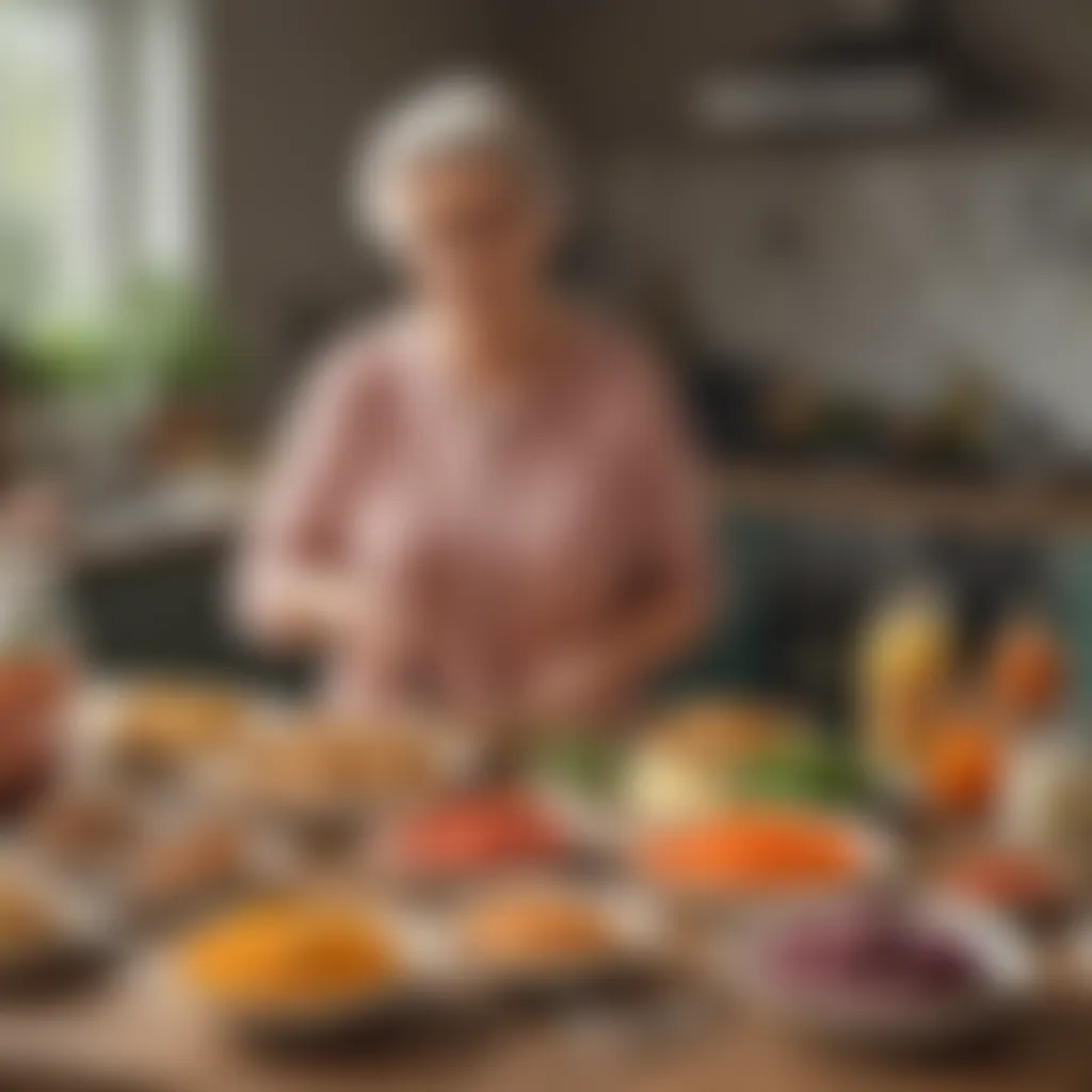 Senior woman planning meals with ingredients on table