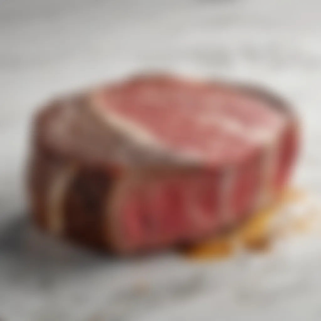 A detailed view of the high-quality steak showcasing its marbling and texture