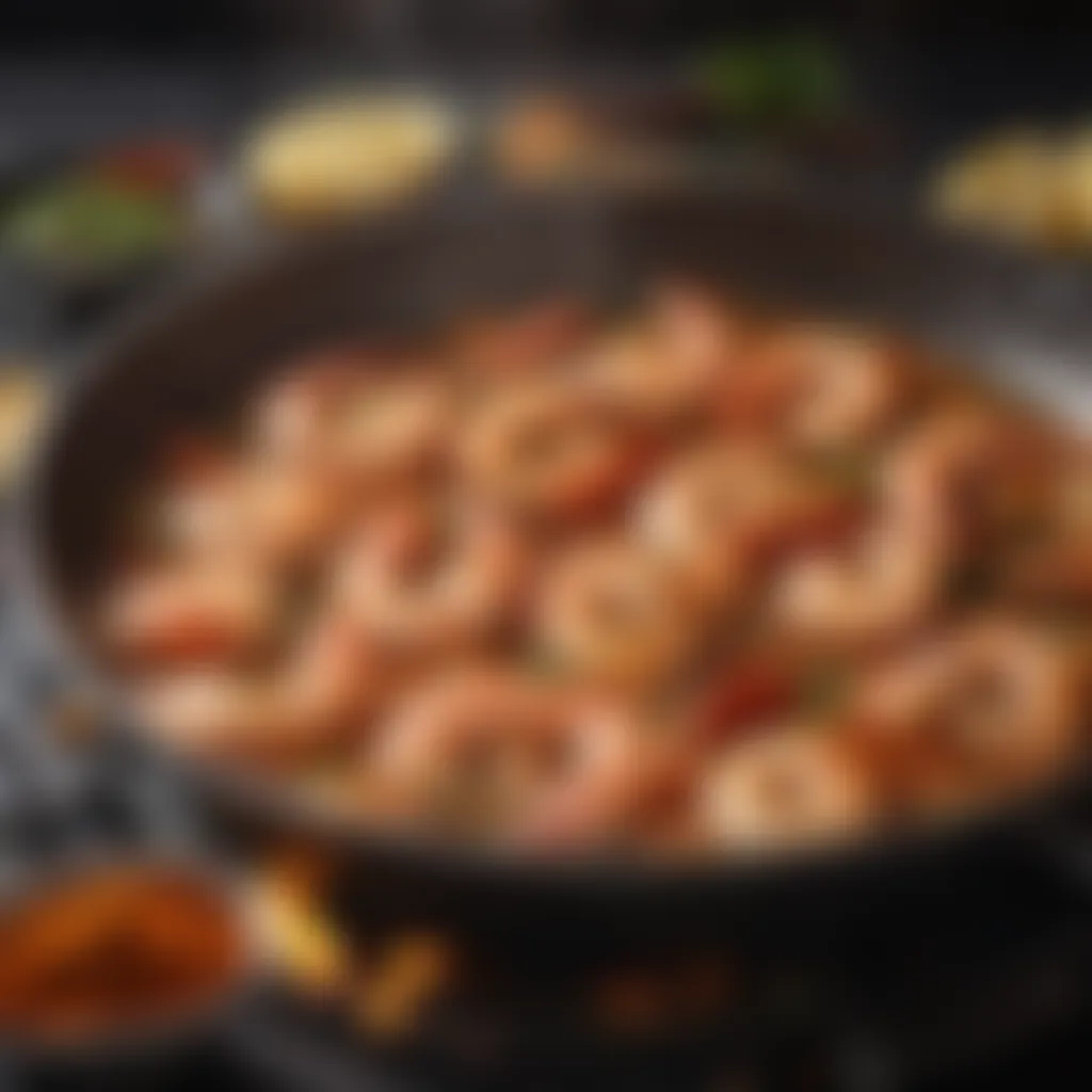 Shrimp sizzling on a hot iron skillet with spices