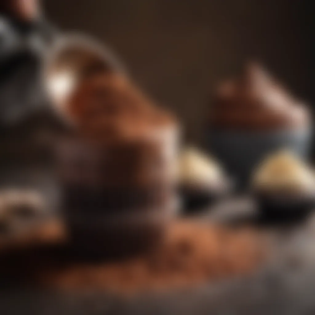 Rich cocoa powder being sifted into cupcake batter