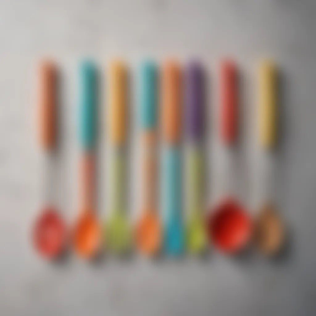 A collection of colorful silicone spatulas arranged neatly