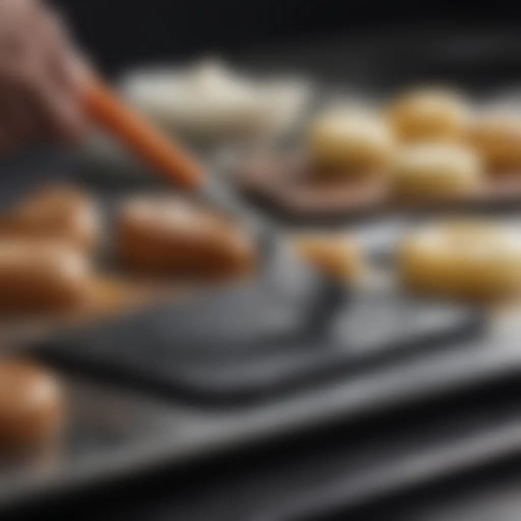 Close-up of a silicone spatula resting on a baking tray