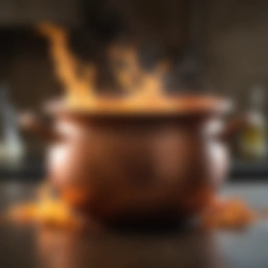 Flames dancing beneath a copper pot of simmering broth