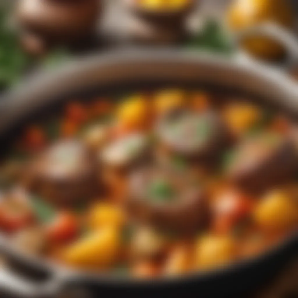 Close-up of simmering Osso Buco in a traditional cooking pot