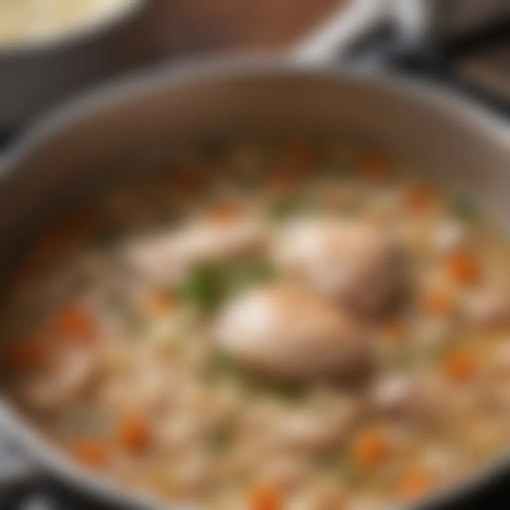 Simmering Pot of Chicken and Rice Soup on Stovetop