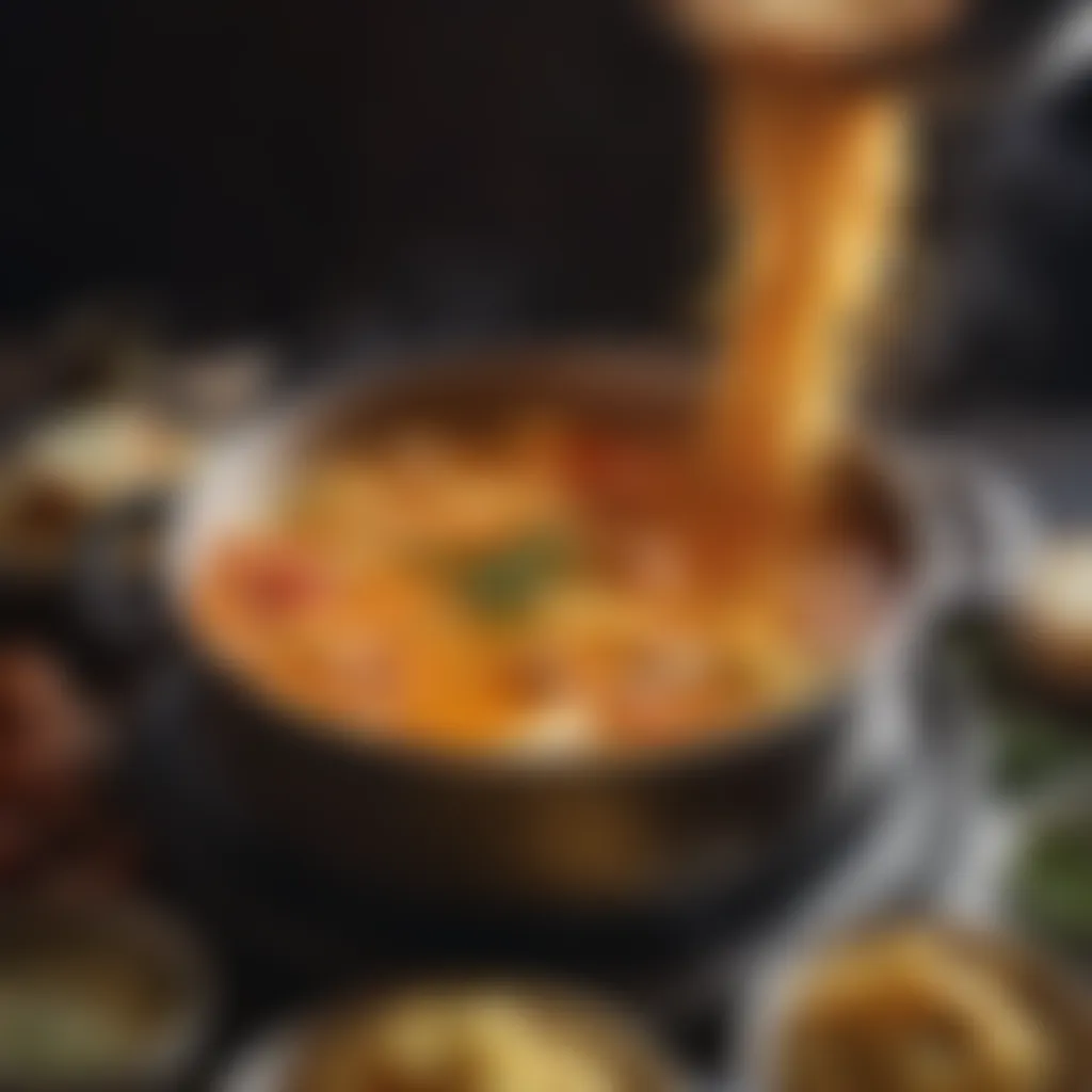 Artistic interpretation of simmering pot with steam representing soup cooking