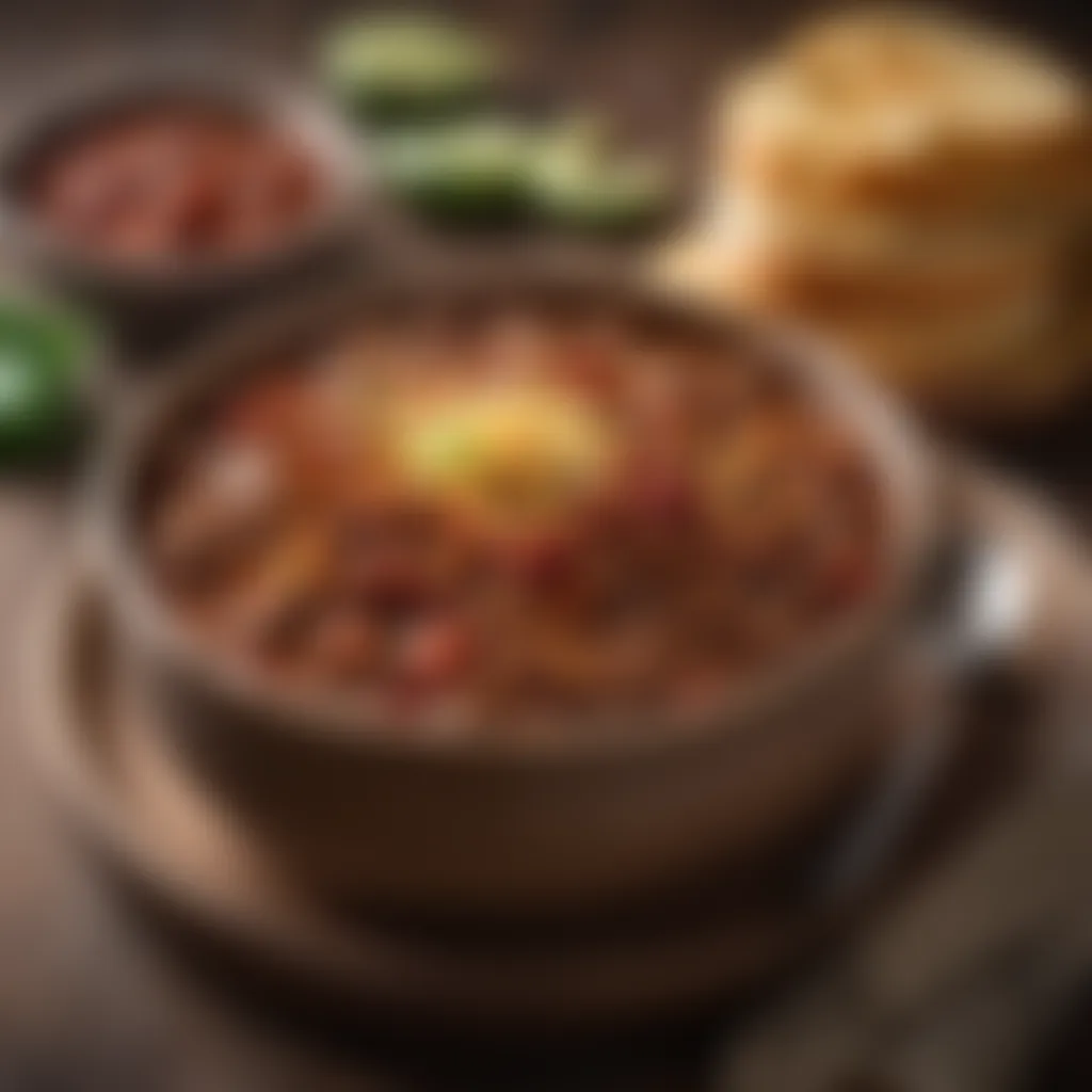 Hearty hamburger meat chili served in a rustic bowl