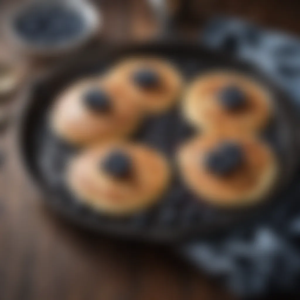 Sizzling blueberry pancakes on a cast iron skillet