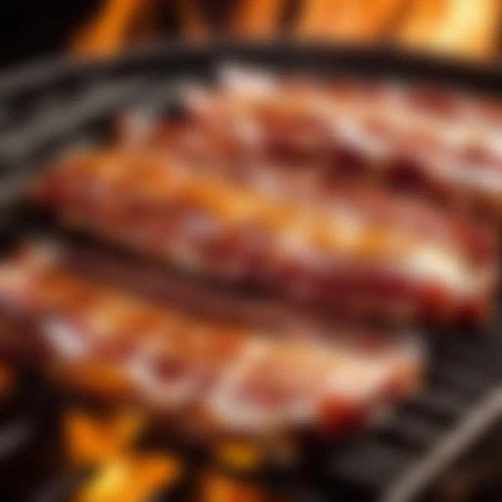 Cured bacon sizzling on a grill, emitting mouth-watering aroma