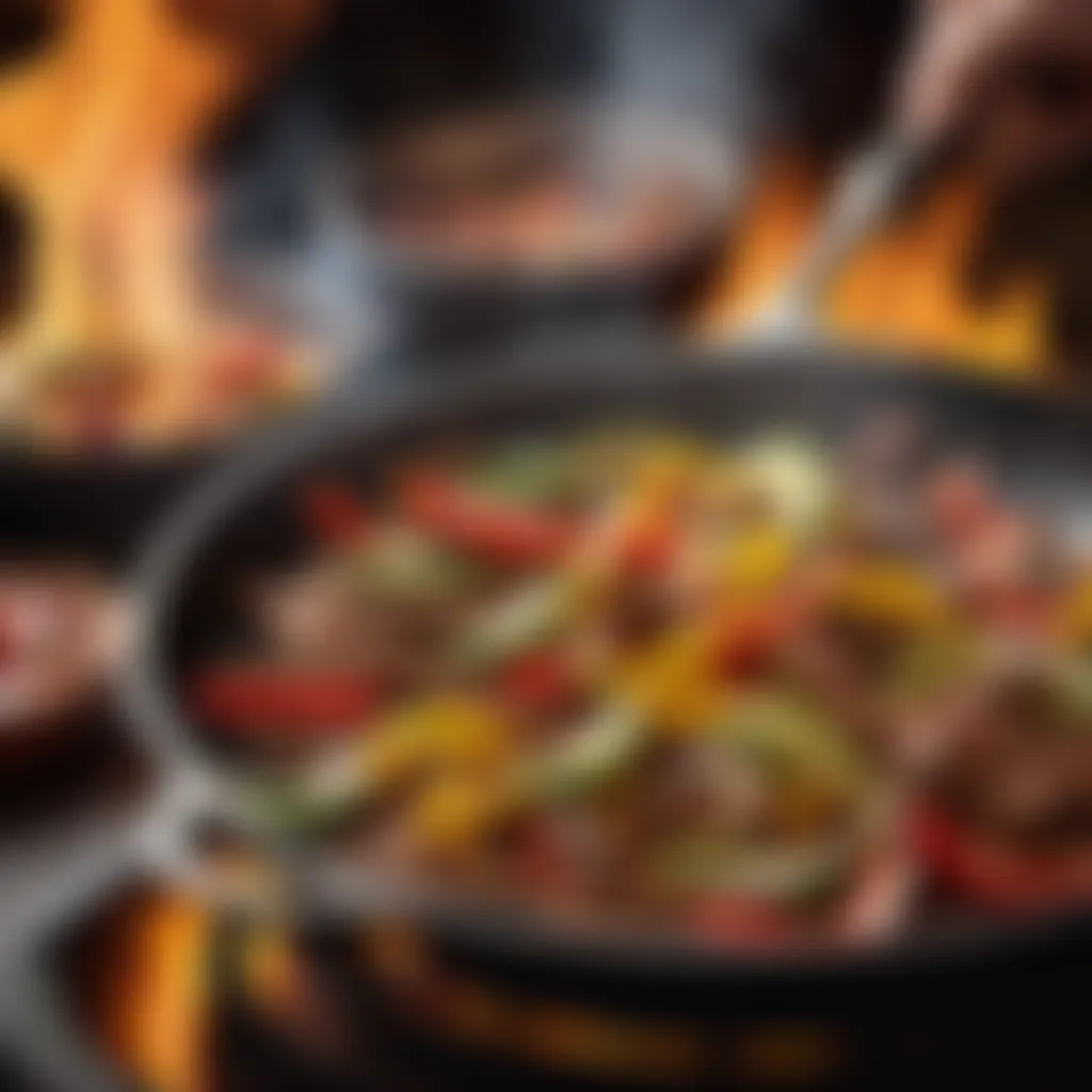 Sizzling fajitas on a hot skillet