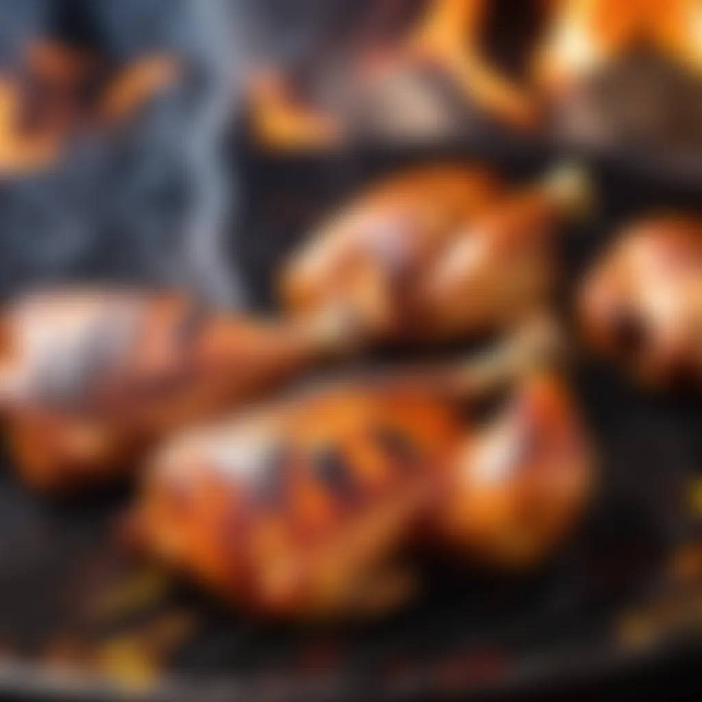 Smoky tandoori chicken on a sizzling grill