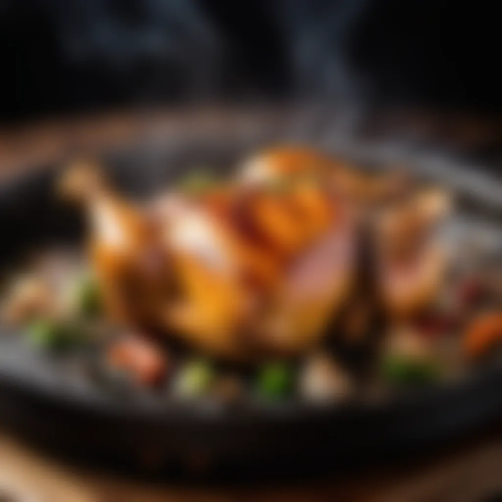 Hibachi chicken sizzling on a hot plate