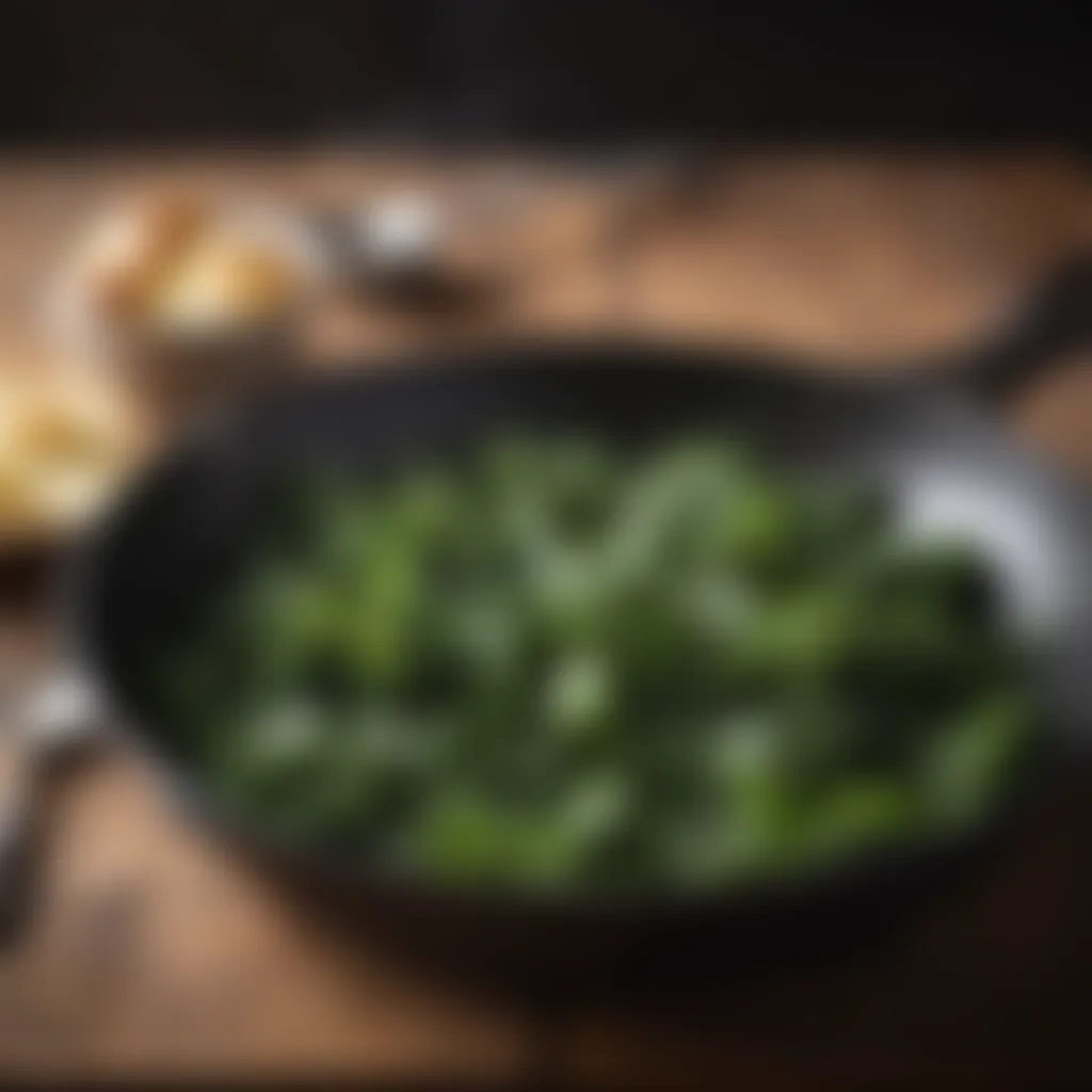 Sautéed Kale in Skillet Sizzling kale in a cast-iron skillet