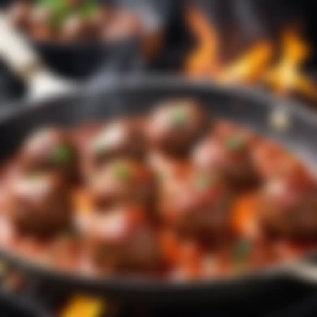 Sizzling meatballs in a sizzling pan