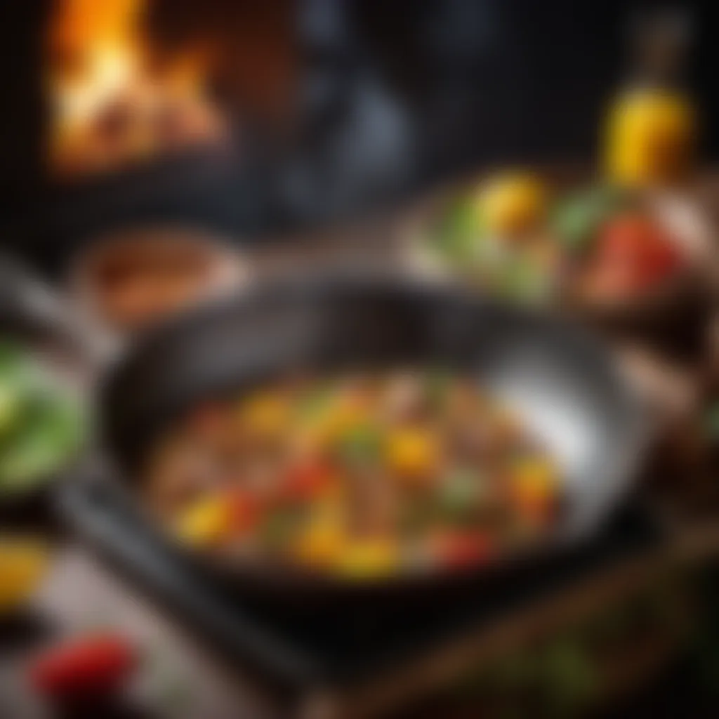 Sizzling pan with sautéed ingredients