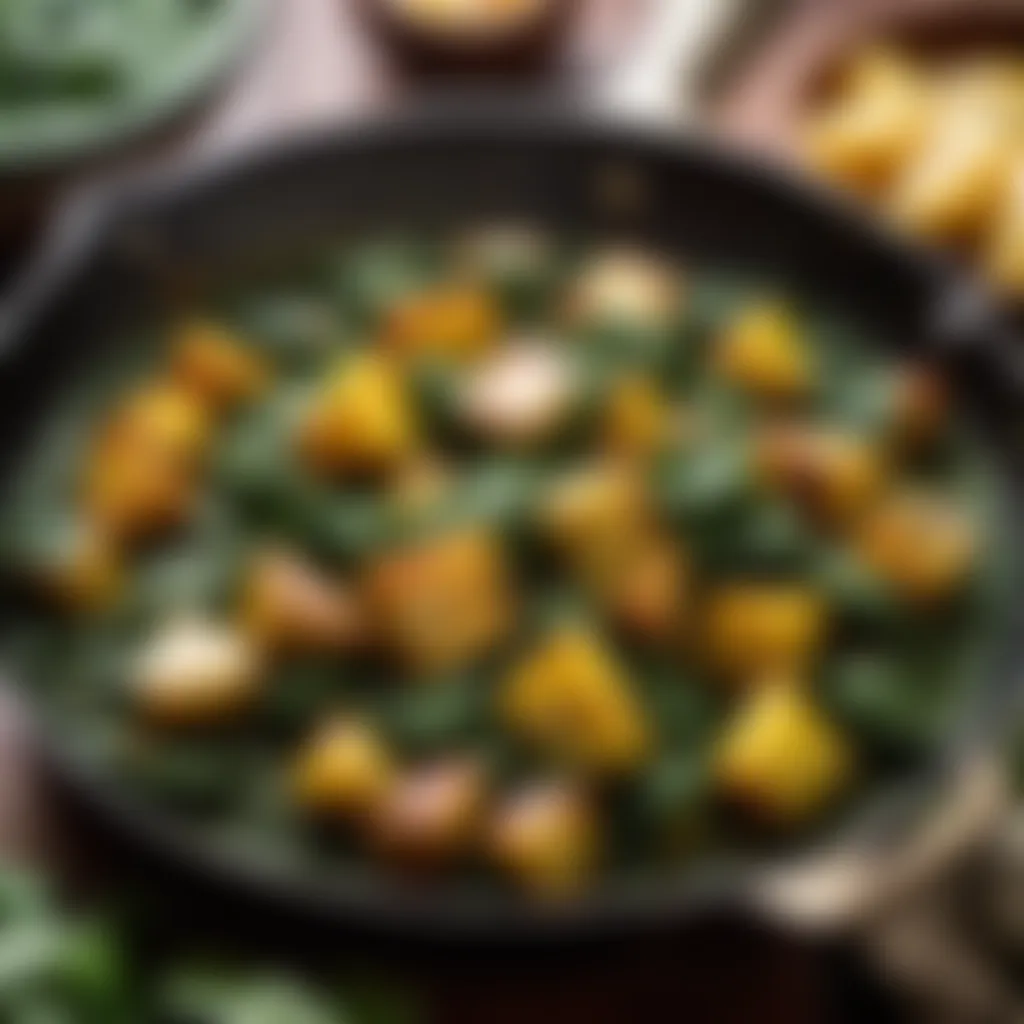 Sizzling saag aloo on a skillet