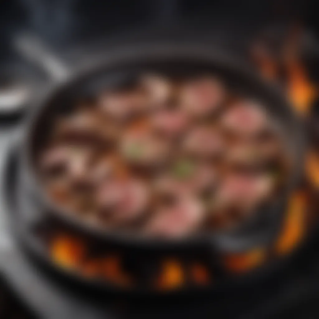 Searing mutton on a sizzling hot skillet