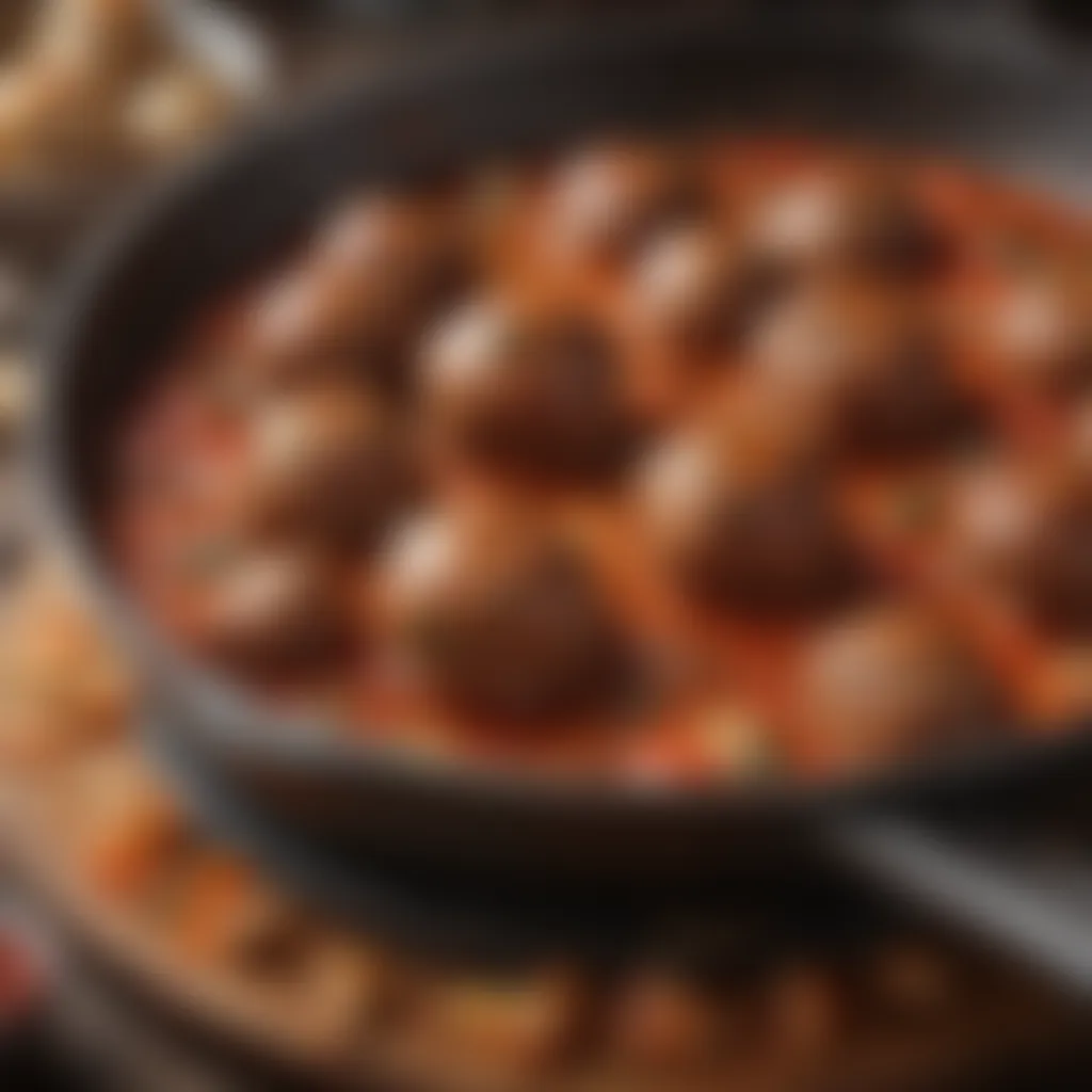 Sizzling skillet with perfectly cooked meatballs