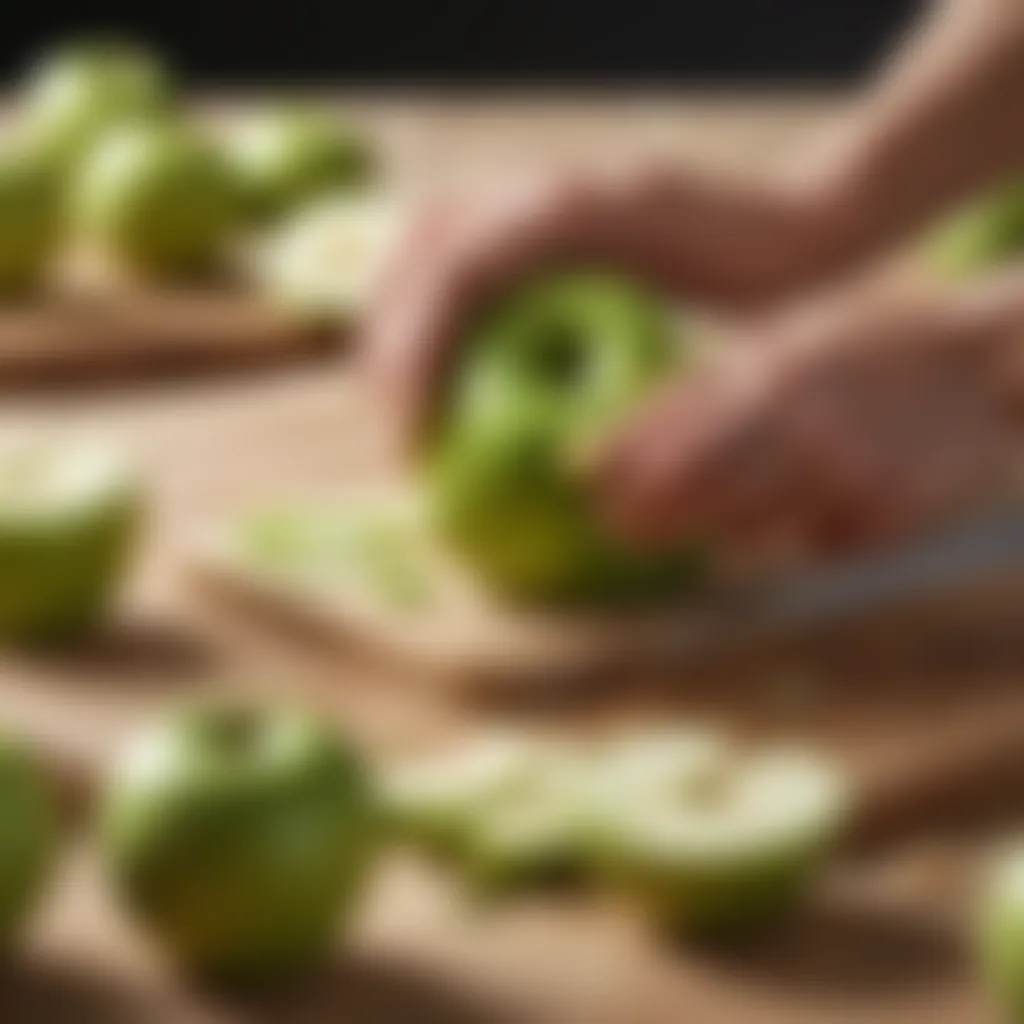 Fresh green apples being sliced on a cutting board