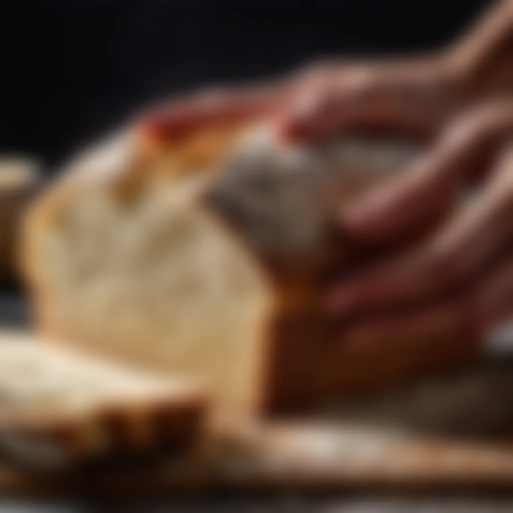 Homemade bread being sliced to reveal a perfect crumb structure