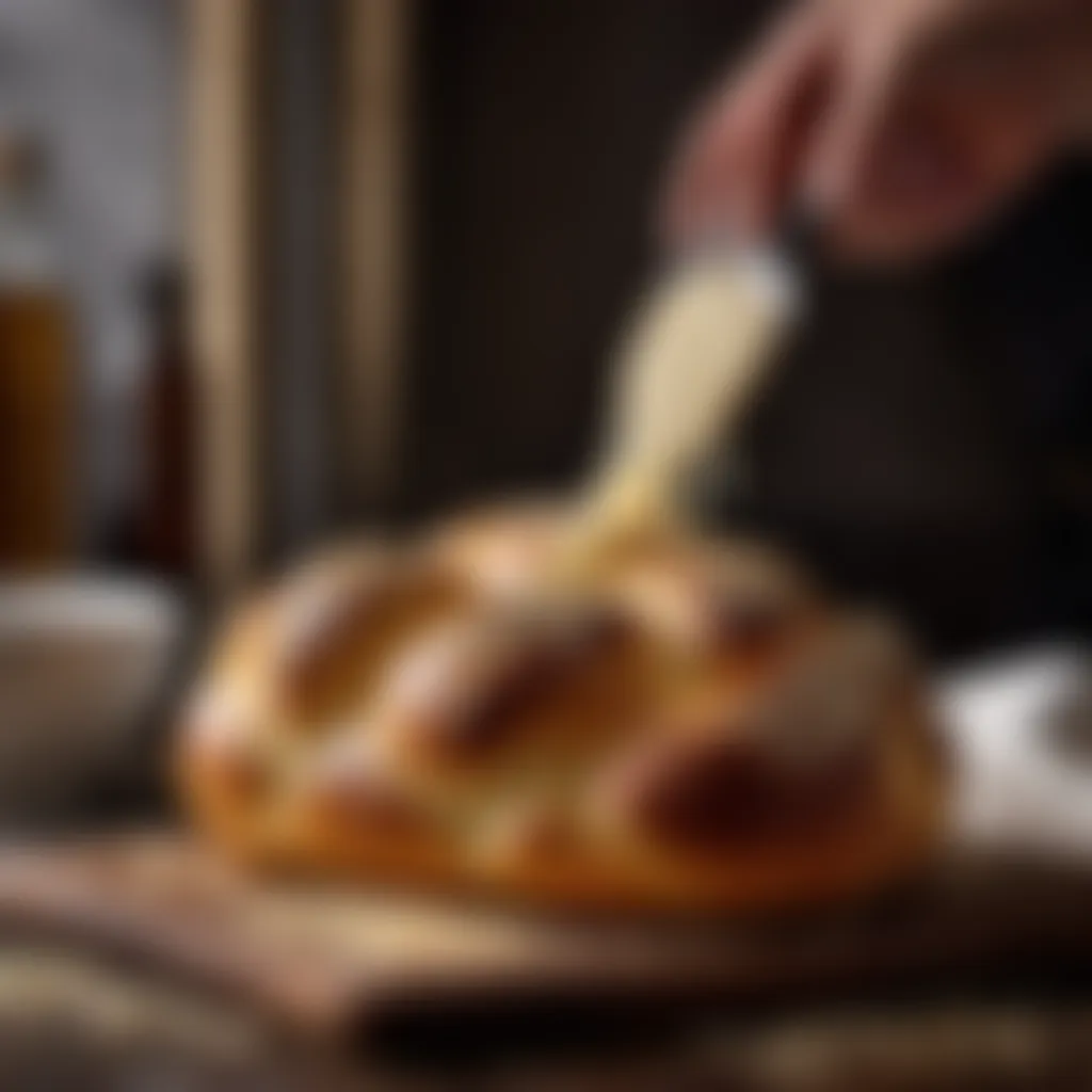 Slicing a sesame seed topped challah loaf