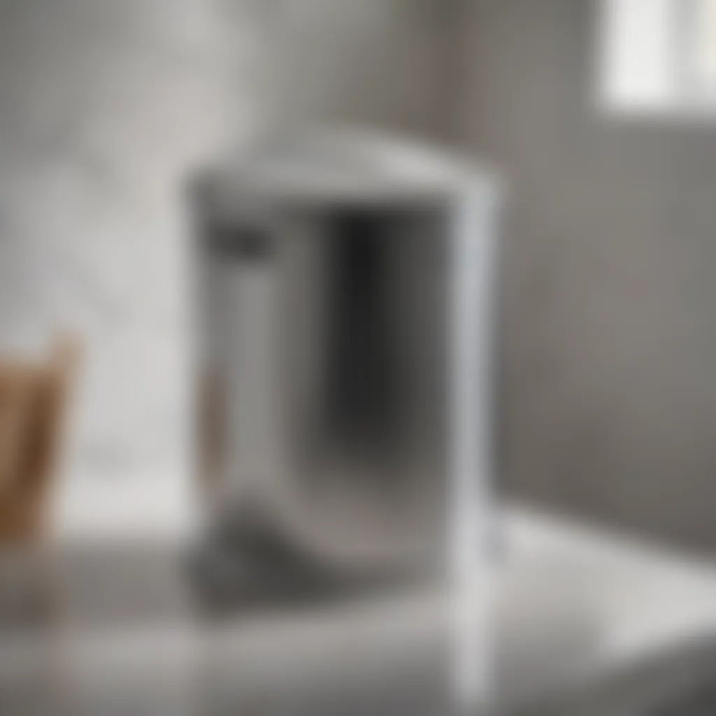 Stylish small chrome bathroom trash can on a modern bathroom countertop