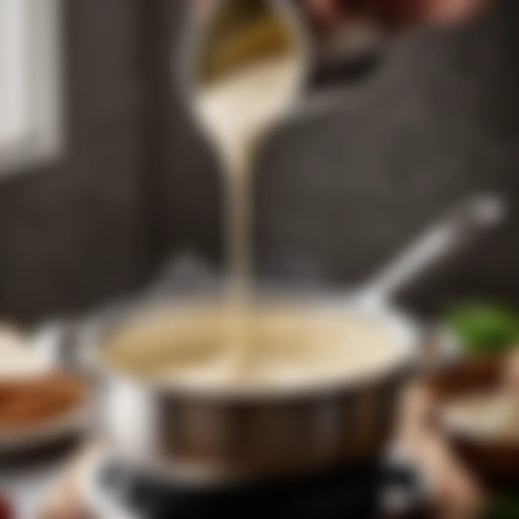 Cream Cheese being smoothly blended into a velvety Alfredo sauce in a saucepan