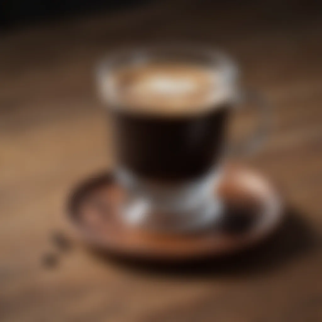 Black coffee in a sophisticated glass cup on a wooden table