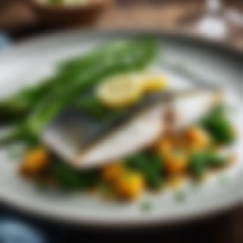 Exquisite sea bass fillets displayed on a bed of vibrant greens