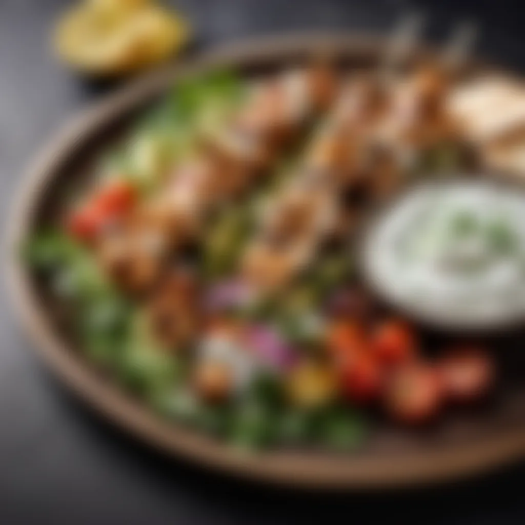 Platter of Greek souvlaki chicken served with pita and tzatziki