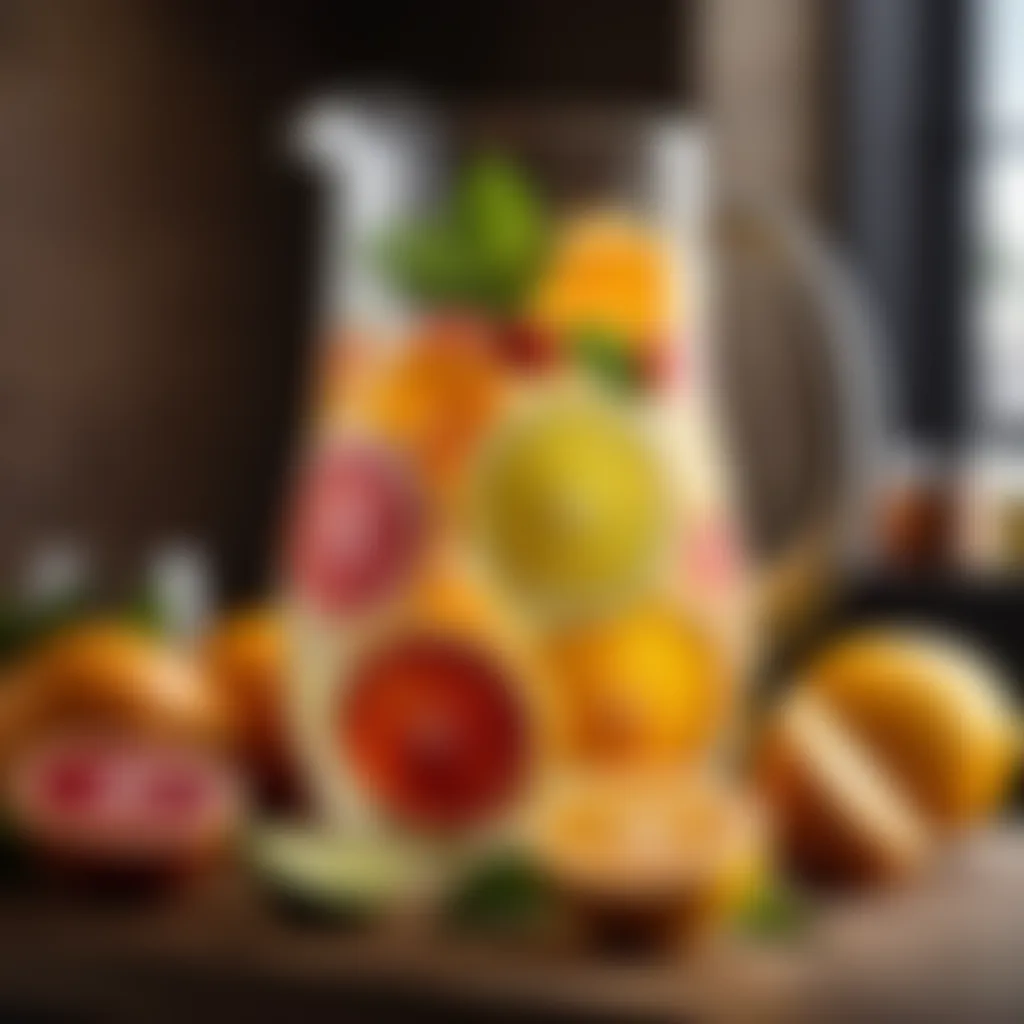 Sliced citrus fruits in a glass pitcher