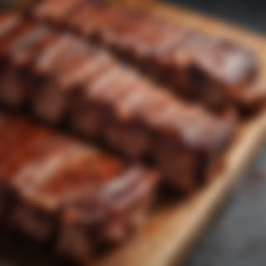 Close-up of St. Louis cut spare ribs showcasing marbling and texture