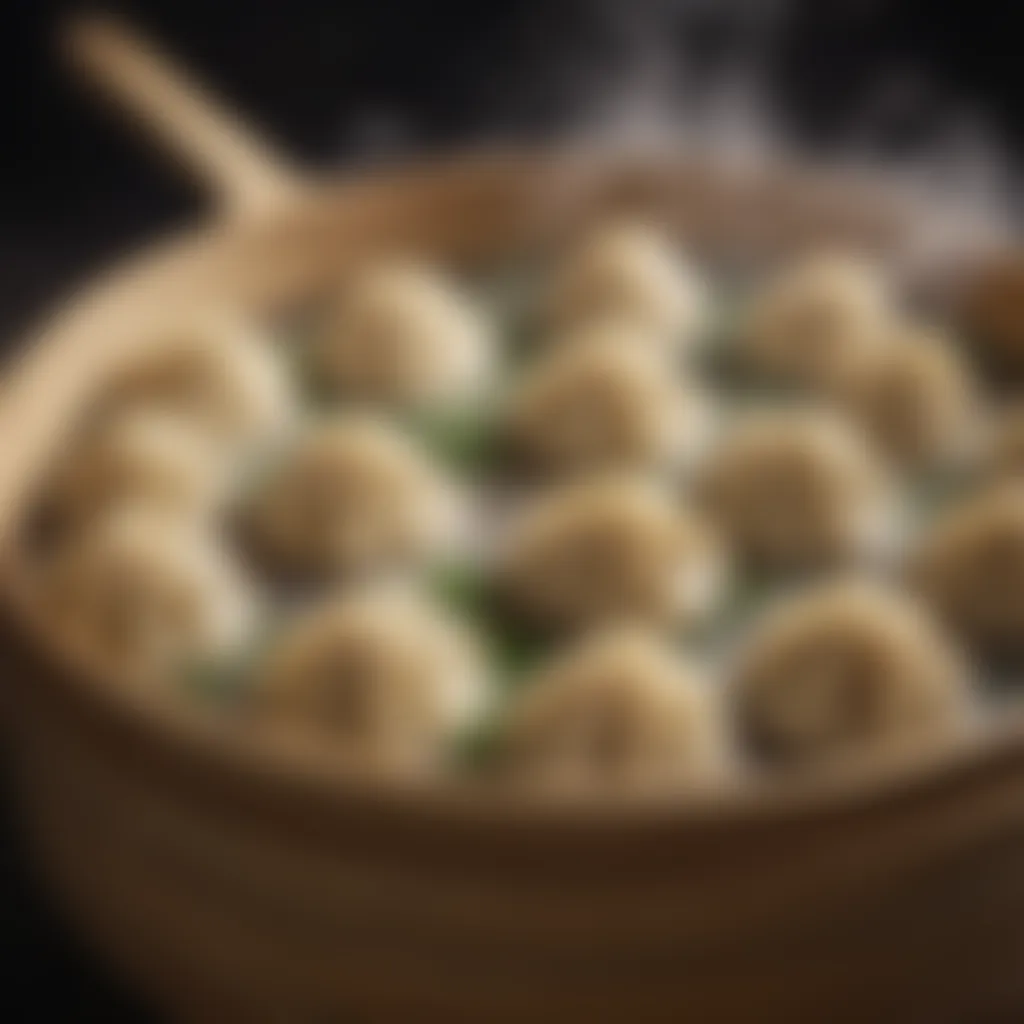 Steam enveloping dumplings in a bamboo steamer