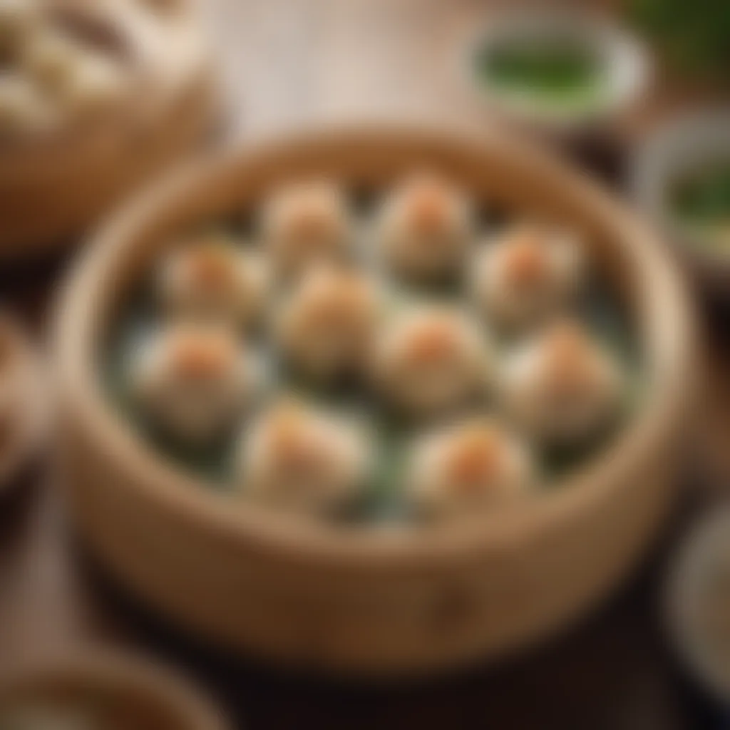 Steamed shrimp dumplings arranged elegantly on a bamboo steamer